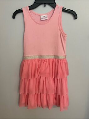 Hanna Andersson Pink Tiered Tulle Dress with Gold Waistband